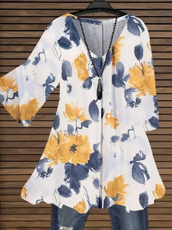 【Plus Size】 Floral Print Curved Hem Cover Up Top, Casual Half Sleeve V Neck Top for Summer, Women's Plus Clothing for Daily Wear, Shirts 3