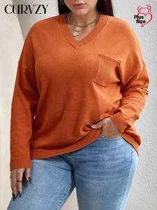 CURVZY Plus Size Solid Autumn Aesthetic Pocket Drop Shoulder Sweater, Casual Long Sleeve V Neck Jumper for Fall & Winter, Women's Costume, Women's Clothing for Daily Wear