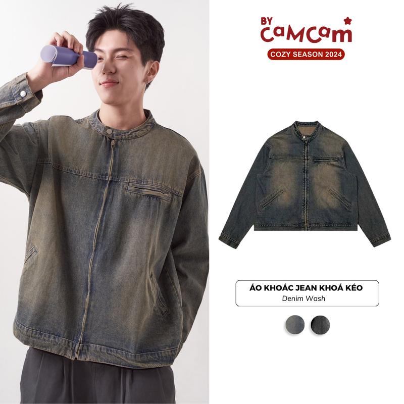 Áo KHOÁC JEANS KHOÁ KÉO Bycamcam Vải Denim Wash Tiện Lợi Form Rộng Phong Cách Retro