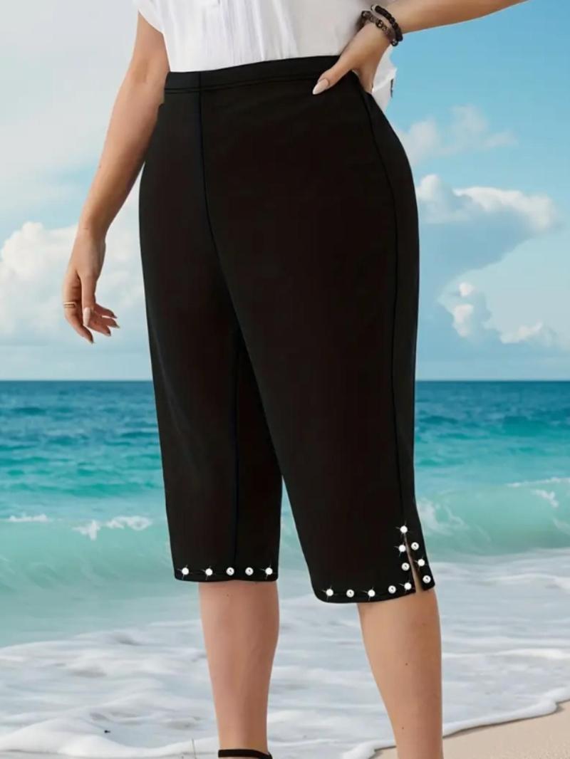 Product Introduction of 【Plus Size】 Rhinestone Decor Capri Pants, Casual Comfy Capri Pants for Summer, Women's Bottoms for Daily Wear 6