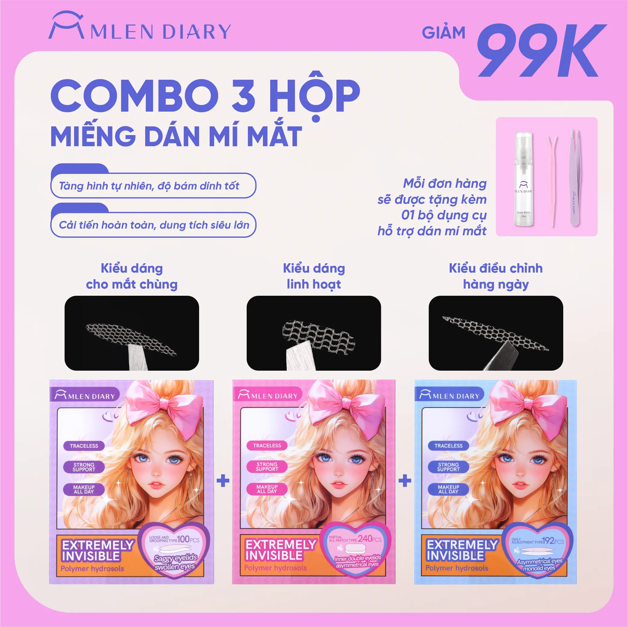 [Tặng Bộ Dụng Cụ Kích Mí] Mlen Diary - 1 Hộp Miếng Dán Kích Mí Lưới Tàng Hình Kèm Dụng Cụ Hỗ Trợ (Mua 3 hộp giảm 99k)