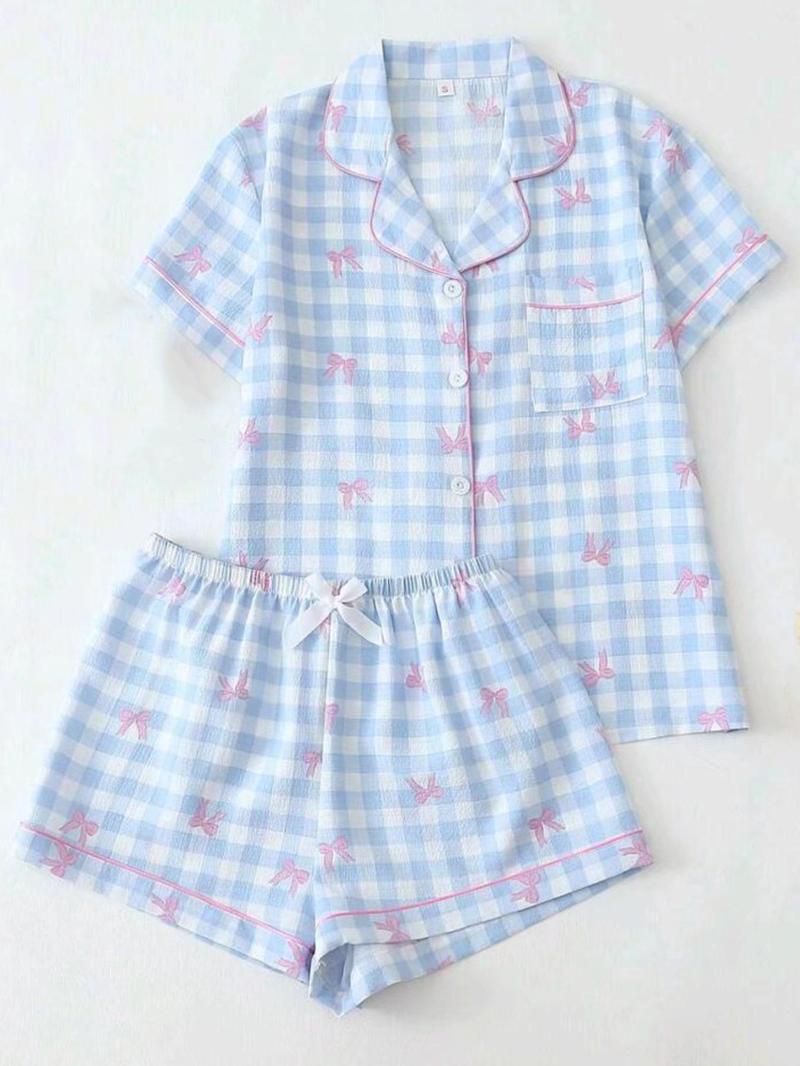 Product Introduction of Women's Bow Print Shirt & Elastic Waist Shorts Pyjama Two-piece Set, Casual Comfy Short Sleeve Collared Top & Shorts Set, Ladies Summer Sleepwear 1