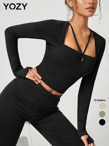 YOZY Women's Plain Cut Out Crop Tee, Casual Long Sleeve Cropped T-shirt for Daily Wear, Ladies Clothes for All Seasons