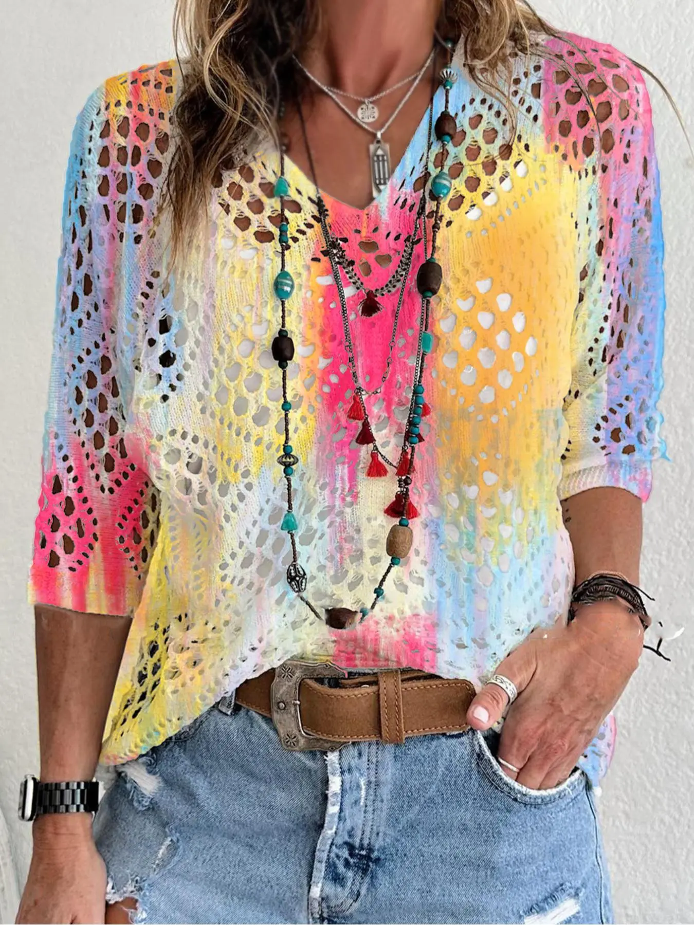 Women's  Hollow Out   Sweater, Boho Casual  V Neck Jumper for Daily Wear, Ladies Knitwear for All Seasons