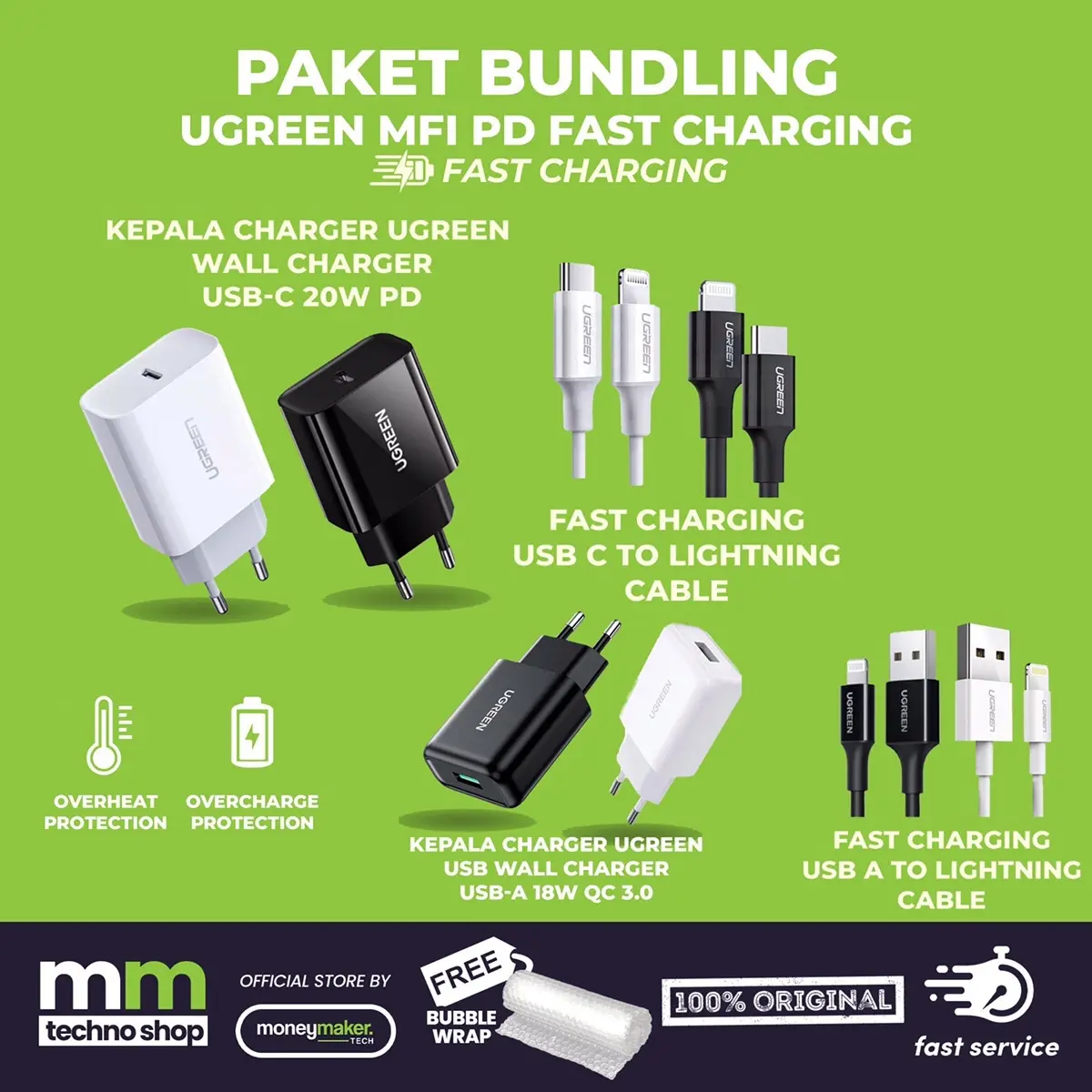 UGREEN Charger iPhone 20W & 18W Adaptor + Kabel Lightning MFI PD Fast Charging Pengisi