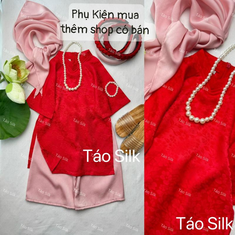 Bộ Áo Dài Bé Gái Cổ Trụ Màu Đỏ Vải Gấm Cao Cấp Chỉ Áo, Quần (Ảnh Shop Chụp) 4
