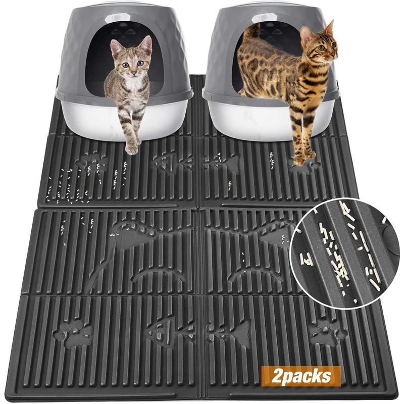 TikTok Shop 2 Packs Litter Mat 31 x24 Large Litter Box Mat Kitty Litter Trapping Mat Easy Clean Mat for Litter Catcher with Grooves Raised Edges Scatter Control