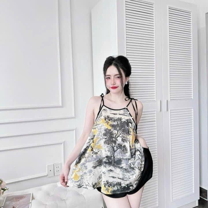Sét bộ yếm hoạ tiết chất lụa gấm áo+quần có túi women form 40-60kg 2
