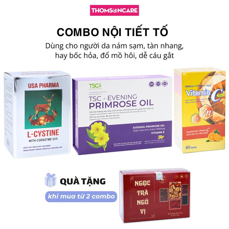 Viên uống L Cystine 60 viên, dầu hoa anh thảo TSC Evening Primrose Oil 60 viên và Vitamin C Plus Mediusa 60 viên combo nội tiết tố cho người da nám sạm, tàn nhang (mua từ 2 combo tặng ngay 1 Ngọc trà ngũ vị)