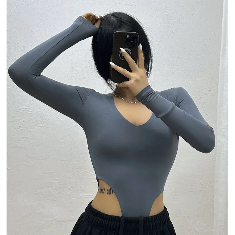 Áo Jumpsuit Quần Dài Tay, Màu Đen, Dành Cho Nữ, Phong Cách Âu Mỹ Dáng Ôm, Trang Phục Hở Eo, Cổ Chữ V, Đáy Quần Top 2