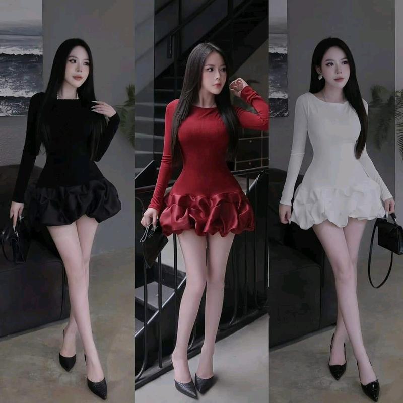 Váy body dài tay đuôi xoè bánh bèo chất nhũ kim cương tùng bí tafta sang trọng dự tiệc Dress Women vaytet Xmas Tết đầm xòe Nhung Voi Đen váy dự tiệc đám cưới dài tay đầm slay ăn cưới che bắp tay