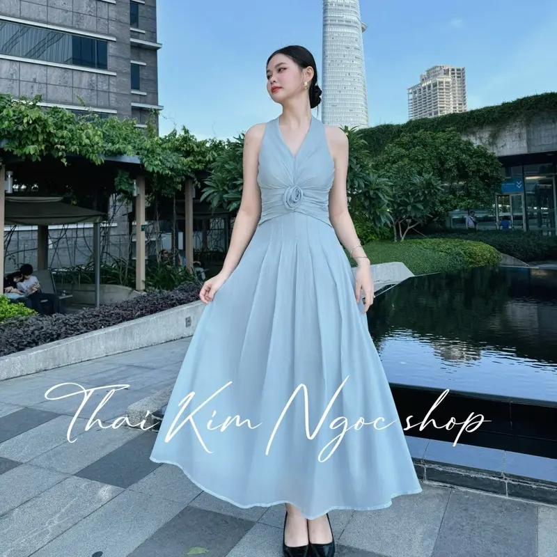 [Hàng Sẵn] Đầm cổ yếm hoa eo đầm dự tiệc TESSA DRESS dáng dài tùng xòe bồng sang chảnh Women Kem Dress Sen Nhung Hoa Sen Voi Thun Viền Ren Voan vaytet vay  mactet vibe váy đỏ hở lưng vaynoel