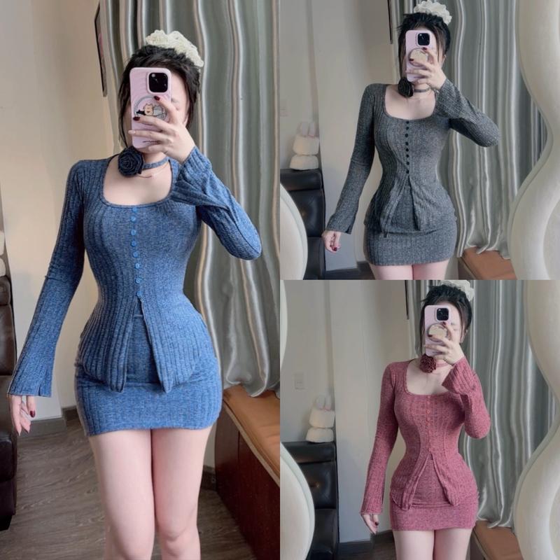 (Tặng kèm bông) Set Hotgirl áo tay dài + chân váy ôm   nhà Lynh_A41
