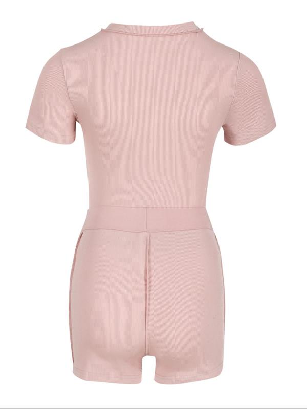 Women's Solid Top-stitching Ribbed Loungewear Set, Summer Clothes, Casual Round Neck Short Sleeve Crop Top & Shorts Pj Set, Summer Sets, Ladies Sleepwear, Summer Wear 2024, Womenswear 8