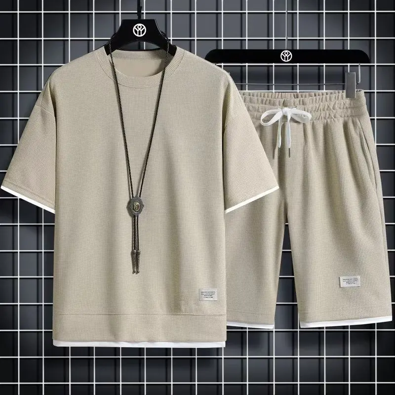 Summer casual sportswear, waffle dress, loose dress, men's clothing, Korean-style fashion, short sleeve t shirt, two piece suit, suitable for summer Man clothing