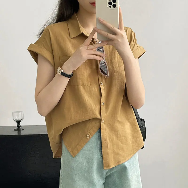 French style commuter short-sleeved shirt for women in summer, new design, small-sized, unique, casual, pure color, chiffon cardigan top Womenswear Blouse Lingerie Comfort Basic Batwing Button Collar Collared Minimalist