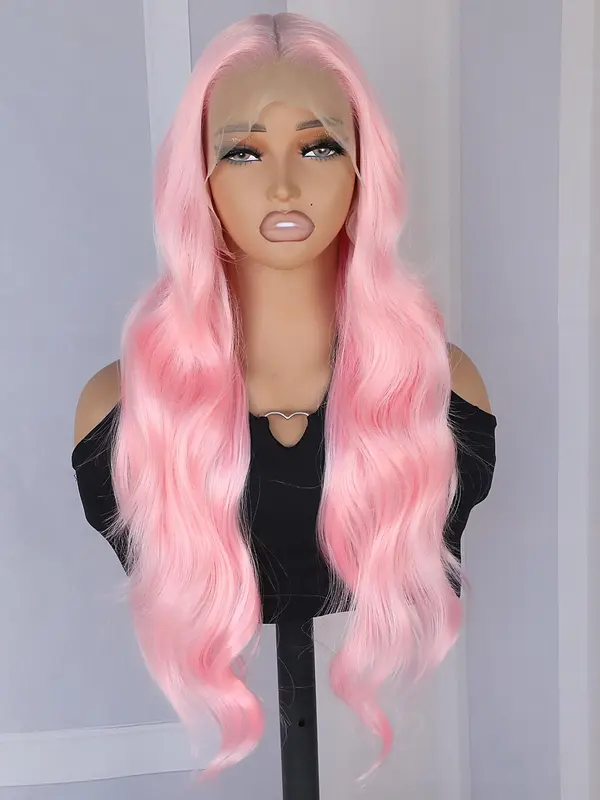 26 Inch Pink Long Body Wavy Synthetic Lace Front Wigs for Women, Natural Looking Gorgeous Fluffy Wigs without Bangs, Heat Resistant Glueless Wigs, Synthetic Lace Wigs for Party, Daily Use 3
