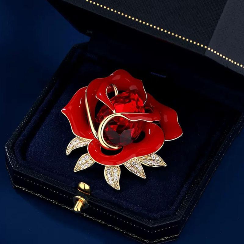 Elegant Red Rose Flower Shape Brooch Shining Rhinestones Inlaid Pin Evening Gown Dress Badge Coat Party Accessories 2