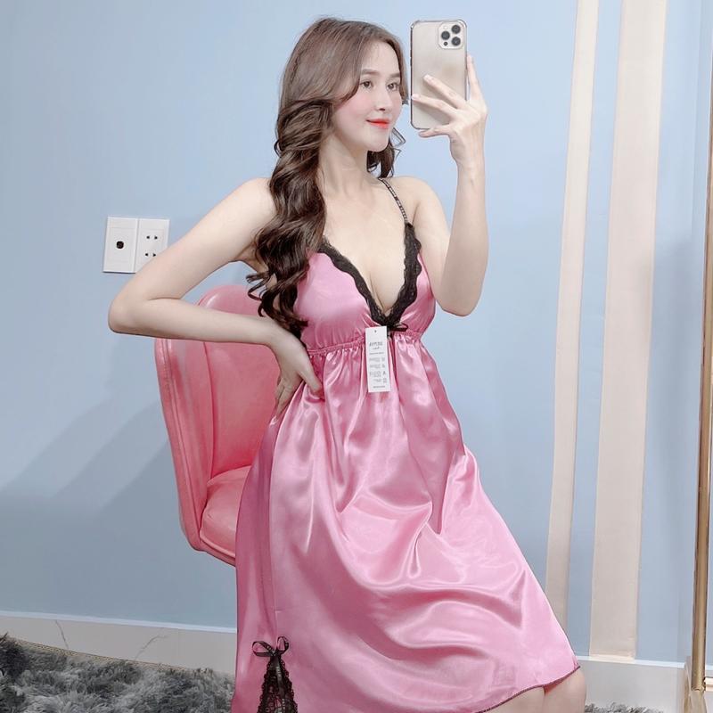 Váy ngủ 2 dây sexy chất lụa phi mềm mịn quyến rủ, phối ren xẻ tà hai bên có nơ D1 2