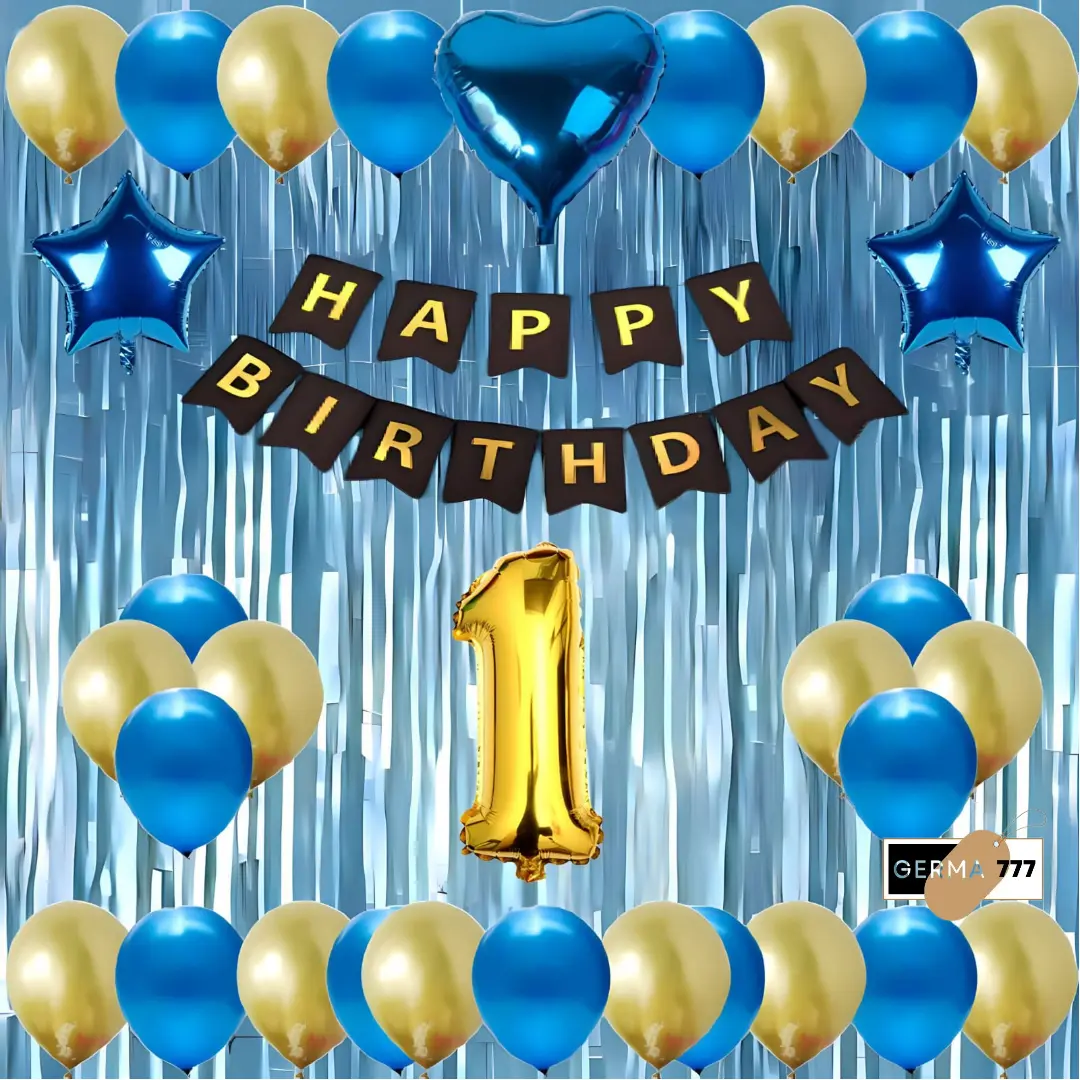 Paket Set Dekorasi Pesta Ulang Tahun Anak Cewek Cowok Balon Tirai Biru Tua Banner Happy Birthday