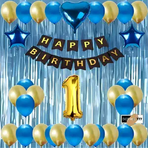 Paket Set Dekorasi Pesta Ulang Tahun Anak Cewek Cowok Balon Tirai Biru Tua Banner Happy Birthday