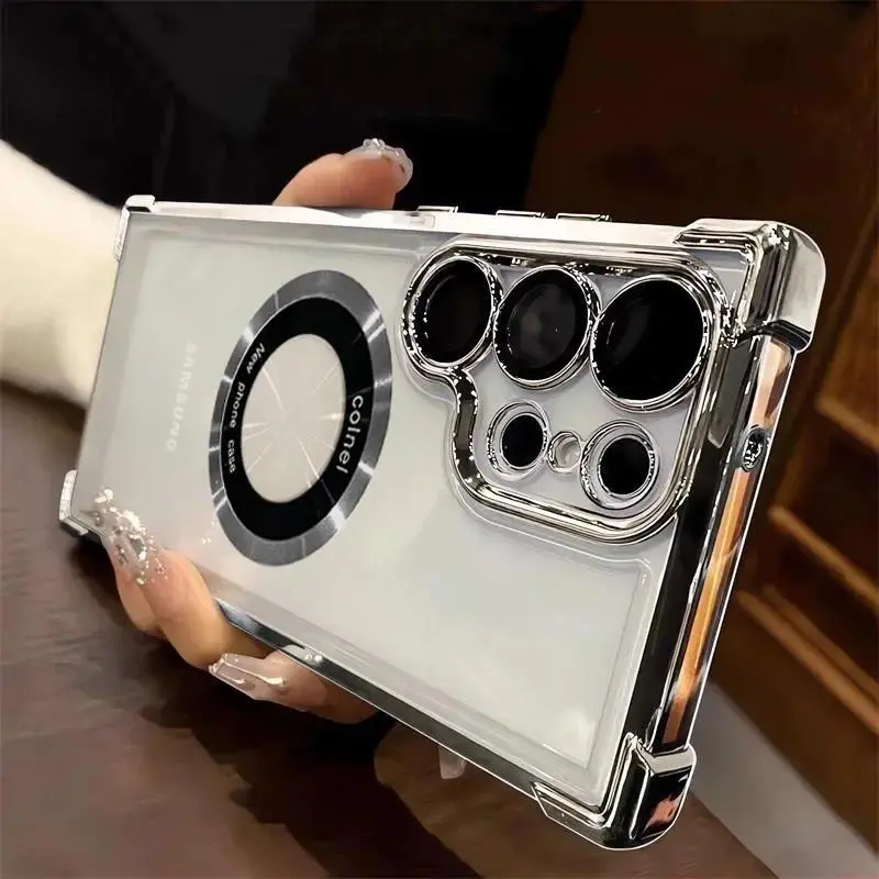 Luxury Plating Magnetic Clear Case for Samsung Galaxy S24 Ultra S23 Fe S22 Plus S21 S20 Shockproof Silicone Cover Star Handle Casing Screen Protector Cellphone