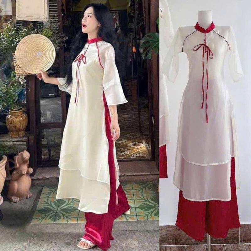  Set Áo Dài Chất Tơ Ánh Kim 2 Lớp Tay Lỡ Thắt Nơ Phối Quần Tuyết Nhung Dáng Dài Ống Suông Phù Hợp Mang Vào Dịp Tết Women Top Ong 