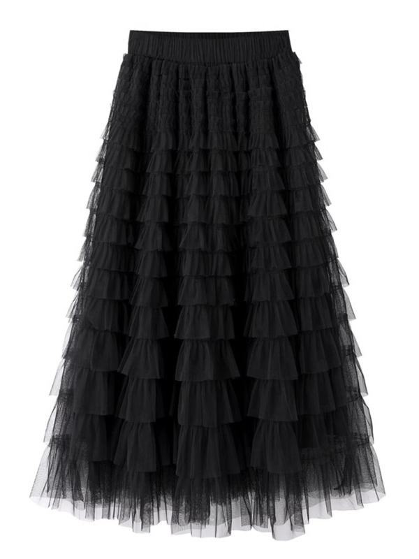 [Plus Size] Solid Tiered Layer Ruffle Trim Tulle Skirt, Elegant High Waist A Line Skirt for Party Holiday Wedding Guest, Women's Clothes for Spring & Fall 5