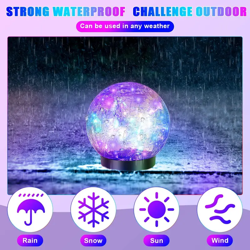 Solar Powered Ball Shaped Light, Outdoor Cracked Glass Ball Light, Lawn & Backyard Decoration Light, Outdoor Garden Light for Garden Patio Yard Lawn Decor 8