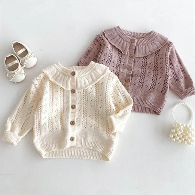 Korean Baby Girl Autumn Hollow Out Sweater Cardigan Kids Fashion Cotton Ruffle Collar Knitted Jacket Spring Solid Outerwear Coat 0