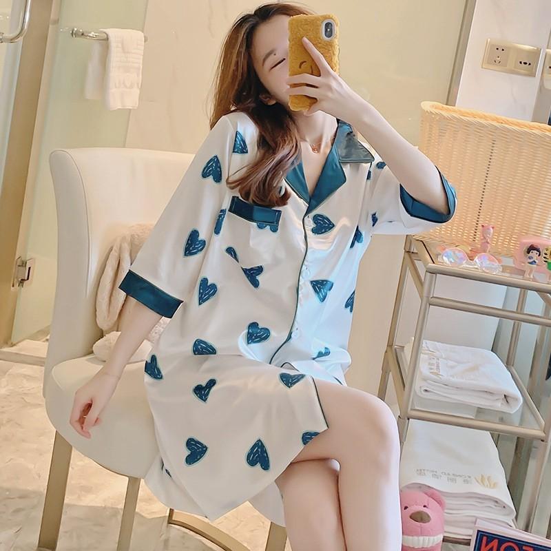 2025 New Ice Silk Nightdress for Women Summer Short Sleeve Cardigan Mid-Length Pajamas Thin Sexy Loose Loungewear 3