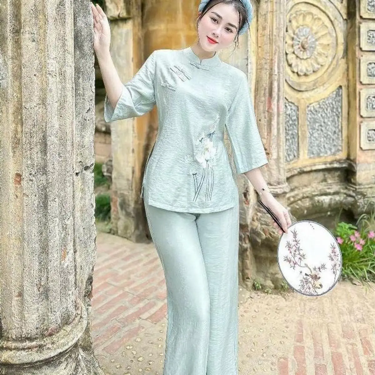 Đồ Lam Đi Chùa,Pháp Phục đi Lễ Nguyên Set bộ bà ba 4 nút tàu tay lỡ chất đũi vân mây thêu hoa sen Dress