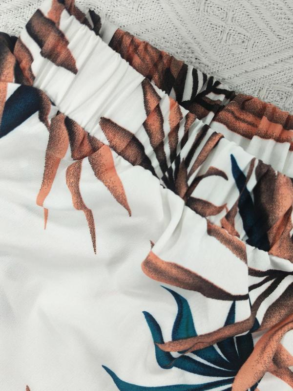 Two-piece Set Women's Leaf Print Boho Tie Shoulder Knot Front Crop Cami Top & Elastic Waist Shorts Set, Ladies Summer Clothes for Beach Vacation 5