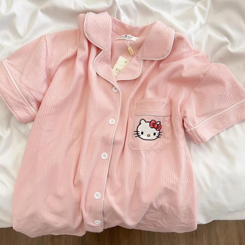 Bộ Đồ Ngủ Cho Bé Gái, Thiết Kế Hình Mèo Kitty Dễ Thương, Thích Hợp Cho Mùa Hè, ngắn Tay, Bộ Đồ Mặc Nhà Cho Bé Gái, Có Thể Mặc Ngoài Trời 1