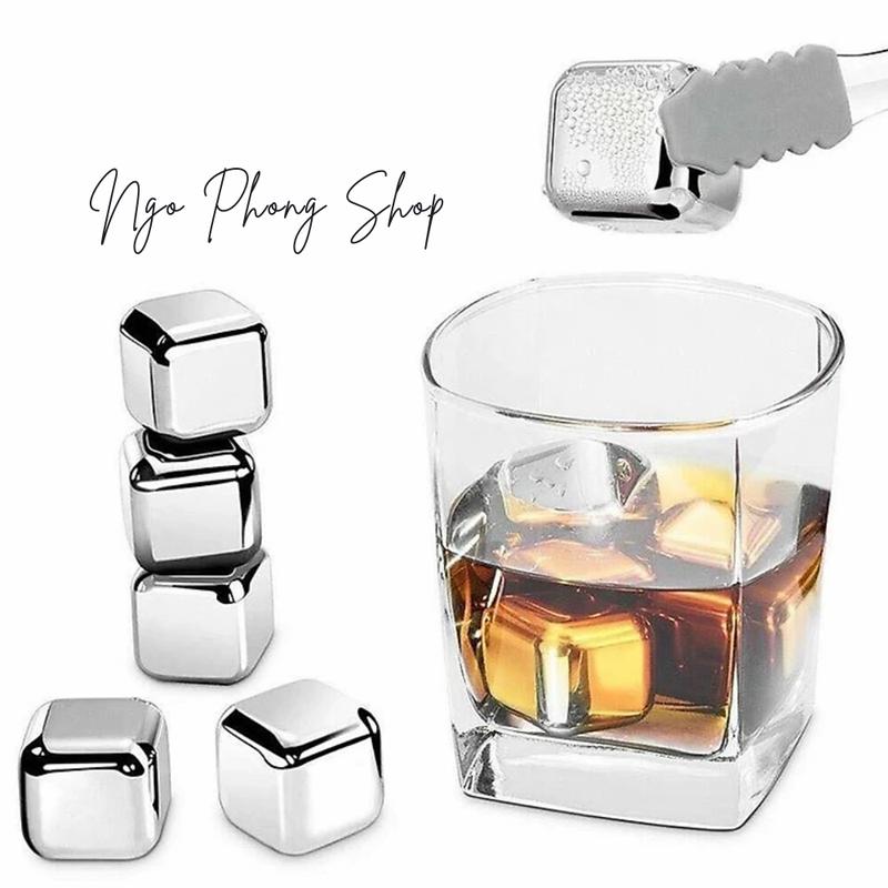 Bộ 8 viên đá lạnh vĩnh cửu bằng inox kèm kẹp gắp đá, Đá vĩnh cửu không tan.