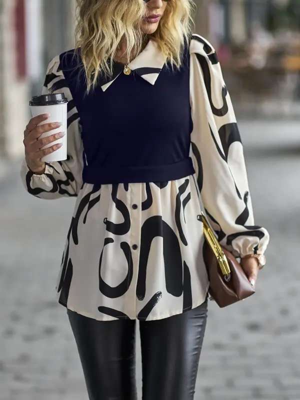 Women's All Over Print 2 in 1 Bishop Sleeve Blouse, Elegant Long Sleeve Button Front Top for Spring & Fall, Women's Clothing for Daily Wear 4