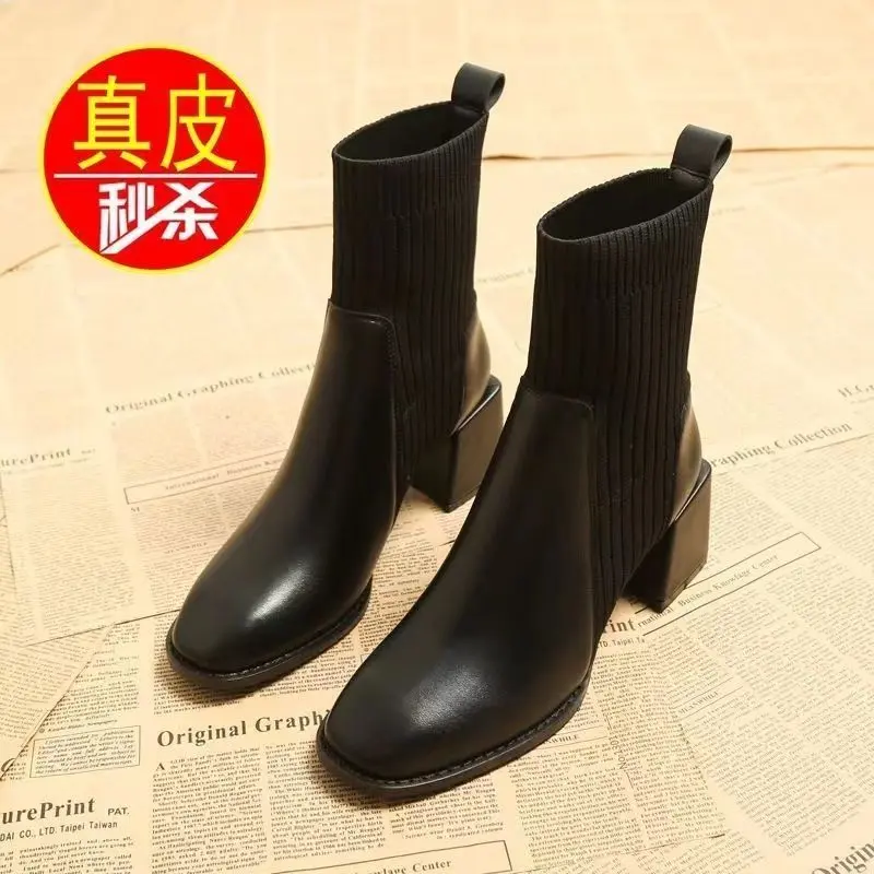Bốt Da Ngắn Cho Nữ, Bốt Gót Chunky Mũi Vuông, Một Lớp, Gót Giữa, Phong Cách Pháp, Màu Đen, Mềm Mại, Mùa Thu Và Mùa Đông, Mới 2024, Boot 1