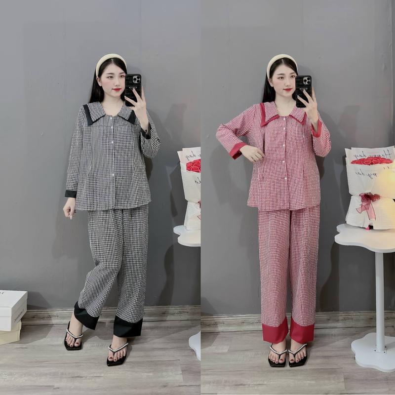 COMBO 2 Bộ Bầu - Bộ Sau Sinh Chất Liệu Đũi Thái Kẻ Ô Nhỏ Cổ Nhọn 2 Lớp, Dáng Dài Mềm Mịn, Áo Có Khoá Kéo, Quần Có Chun Chỉnh Cho Mẹ Bầu Váy Bầu Đầm Bầu