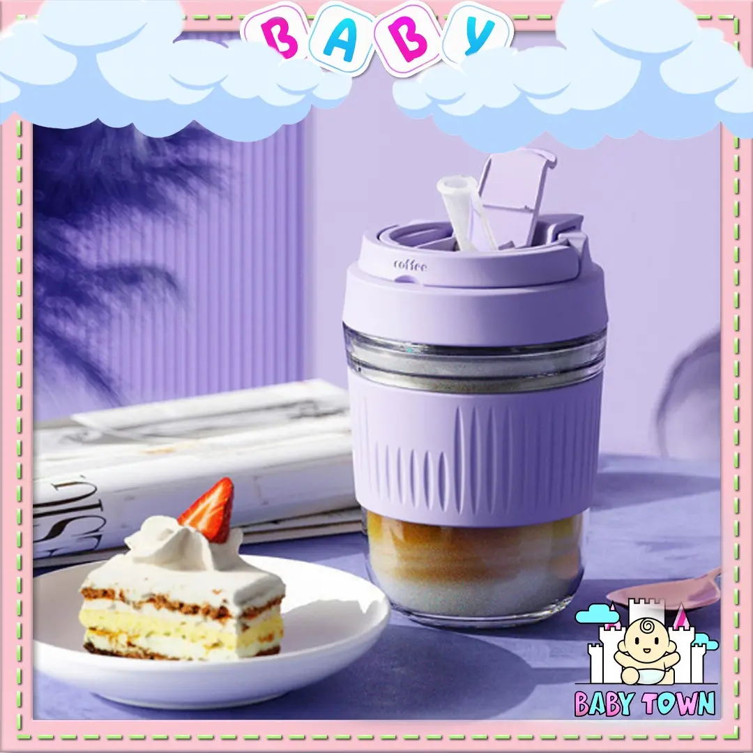 Portable Glass Mug Cute Macaron Colour Heat Resisting Children Drinking Water Mug with Straw Travel Airtight Sealed Bottle Cawan Kaca Mudah Alih Tahan Panas Kanak-kanak Minum Cawan Air Jerami Perjalanan Kedap Udara Silicone Bottles