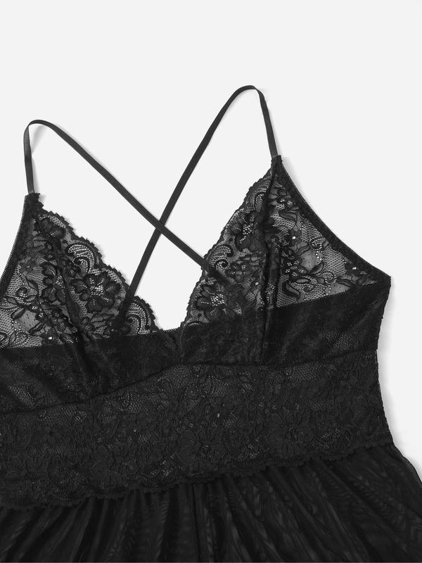 【Plus Size】 Contrast Lace Criss Cross Backless Cami Sexy Bodysuit Costumes, Solid Spaghetti Strap One-piece Sexy Costumes, Women's Sexy Lingerie for All Seasons, Naughty Lingerie 5