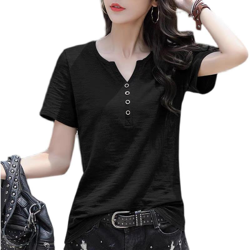 Product Introduction of Loose button V-neck plus size half sleeved top, short sleeved t-shirt for women's wear Womenswear Blouse Lingerie Comfort 8