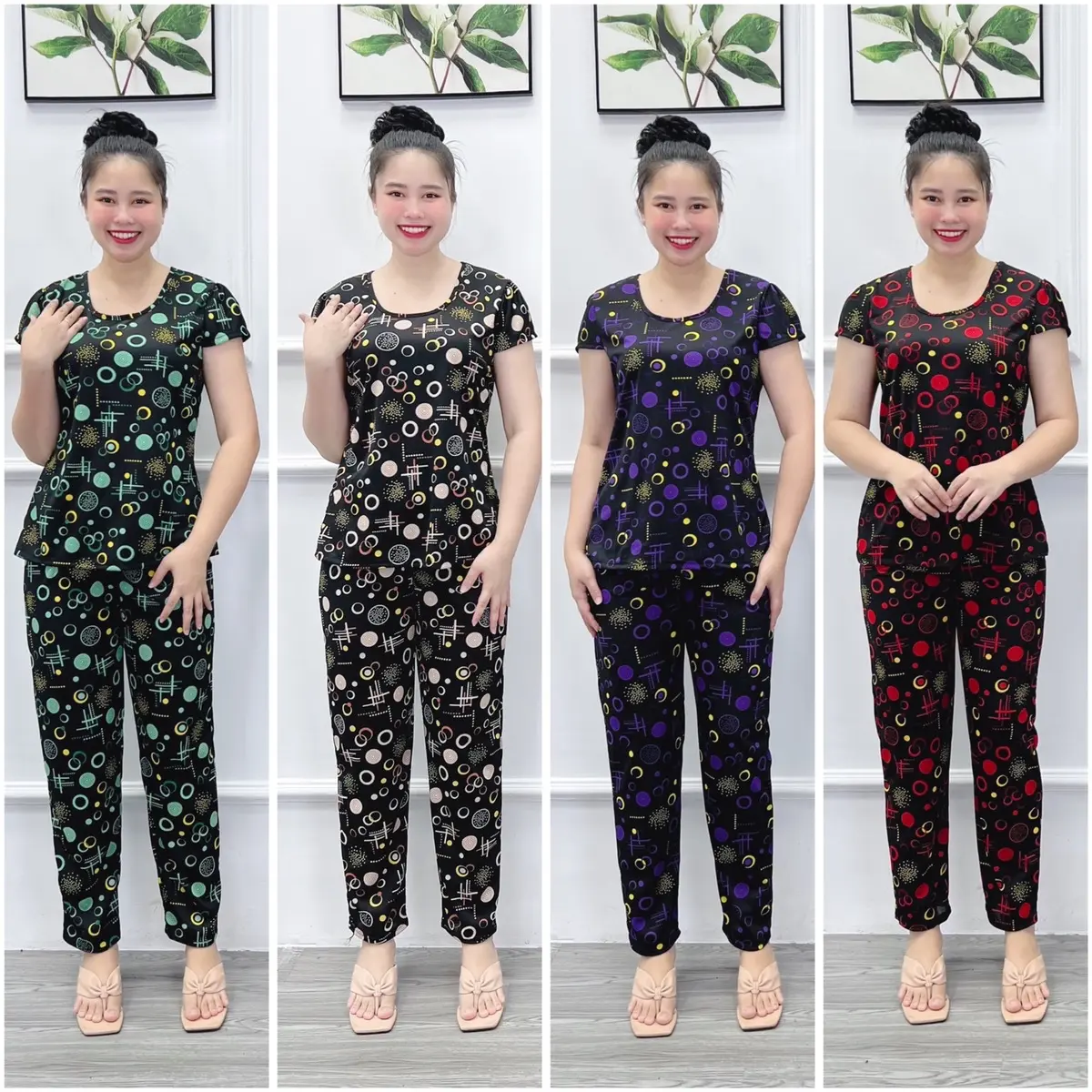 TM200 Combo 4 bộ đồ nữ thun Aty thường, mềm, nhẹ, cổ vuông, quần dài, 40-65kg Women
