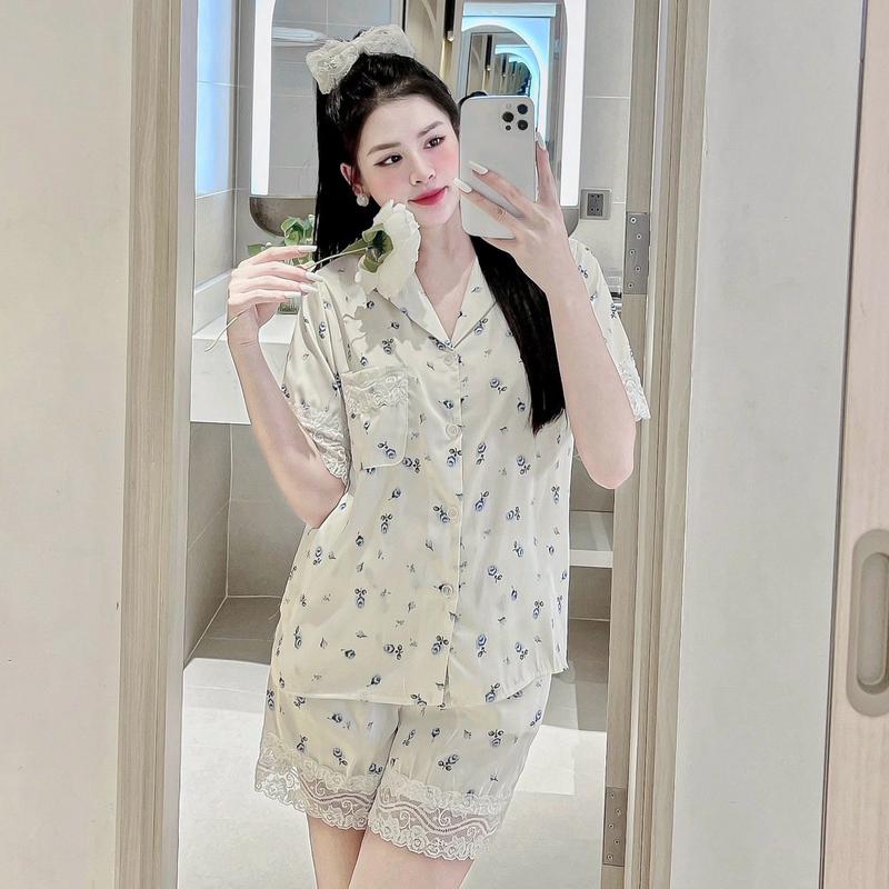 Bộ Lụa Latin Mịn Mềm Tay Ngắn Quần Đùi Cúc Đính Đá Phối Ren Mềm Mịn Đẹp Nhiều Hình Quả Đào Nơ Nhí Hoa Nhí Cho Nữ Mặc Nhà Quần Ngủ Áo Ngủ Women Nho 3