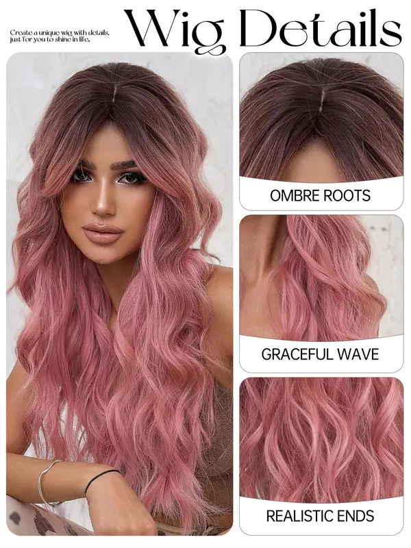Women's Pink Long Curly Wigs, 30inch Gorgeous Fluffy Wigs with Bangs, Striking Synthetic Costume Wigs for Party & Daily Use, Anime Cosplay 3