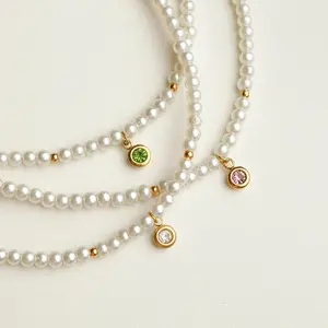 Pearl Birthstone Zirconia Choker Necklace — 18K Gold Plated Kalung Bulan Mutiara Korea