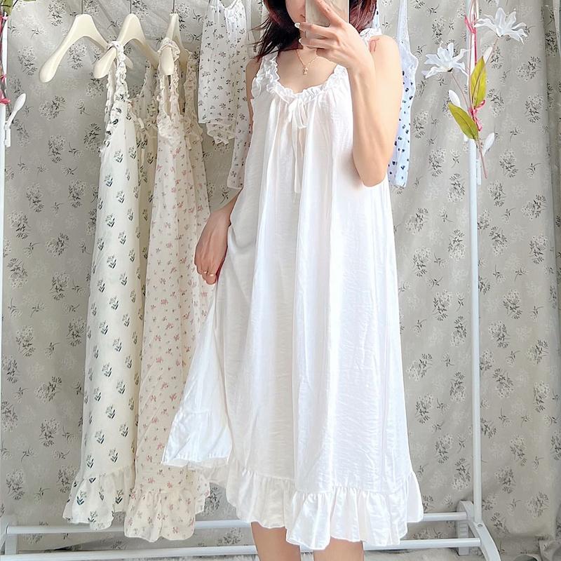 ￼Donna Dress | Váy ngủ, Đầm ngủ tiểu thư nhún bèo hoạ tiết dễ thương freesize có thể mặc bầu | Ngủ Xinh Closet đũi xốp đồ