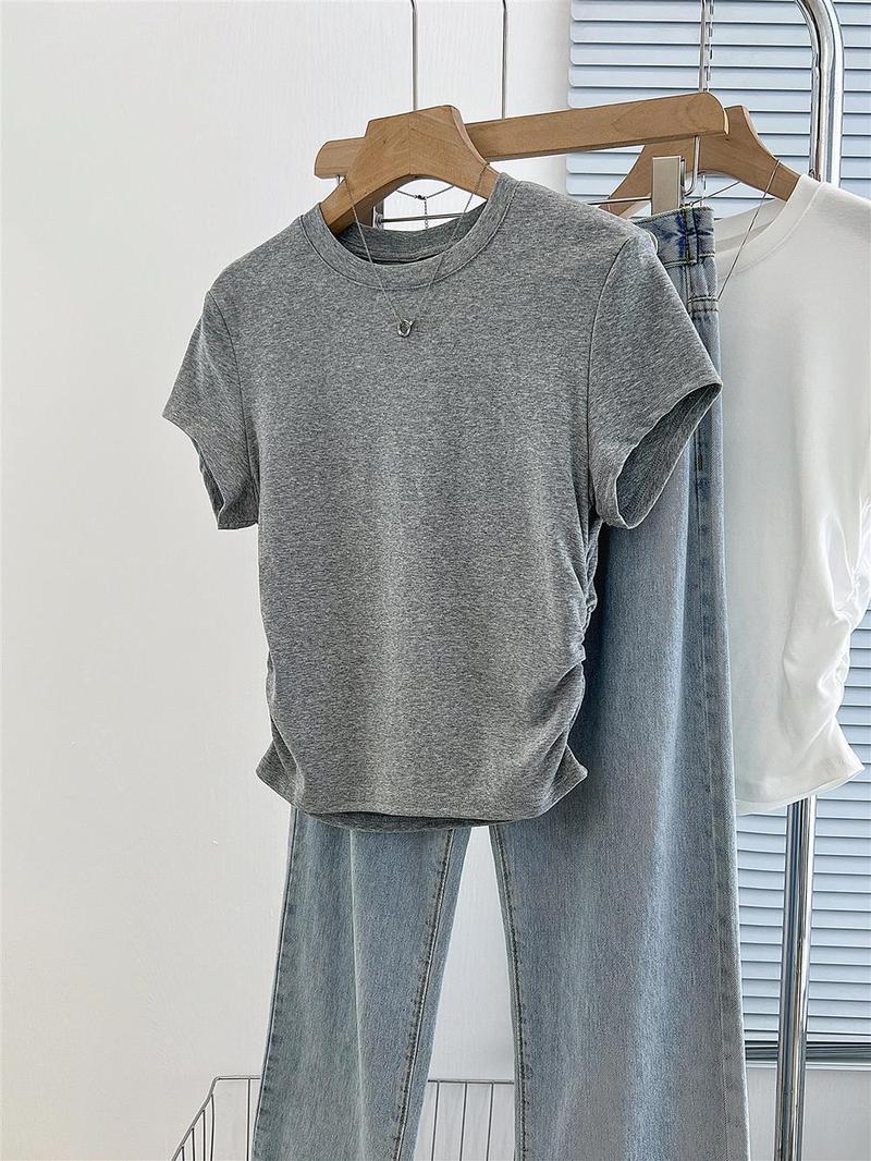 Product Introduction of Short pleated women's T-shirt waist design sweet short-sleeved summer cotton round neck top 24