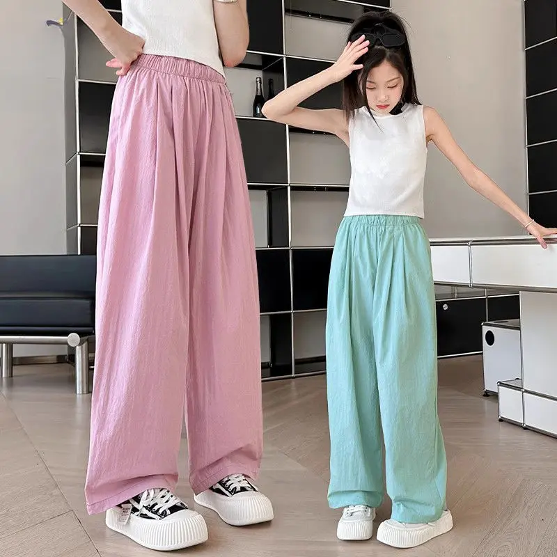 Seluar Kasual, untuk Kanak-kanak Perempuan, Nipis dan Longgar, Warna Pepejal, Gaya Manis, Seluar Kaki Lebar