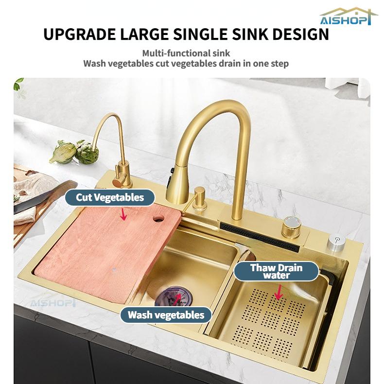 Product Introduction of [SG Seller]SUS 304 Stainless Steel Pullout Faucet Tap Gold Waterfall Kitchen Sink  Single Basin Bowl Tank Tap 6