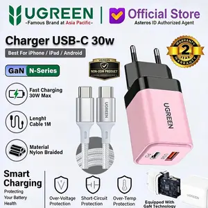 UGREEN Charger Mfi 38W GaN Fast Charging 20w 30w untuk iPhone 15 16 17 Samsung iPad Type C Pengisian Cepat 2 Perangkat Simultaneous - Kabel